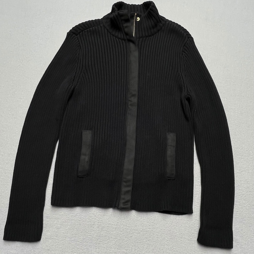 Ralph Lauren Chunky knit Sweater Petite Black Ribbed Full Zip Jacket Leathertrim